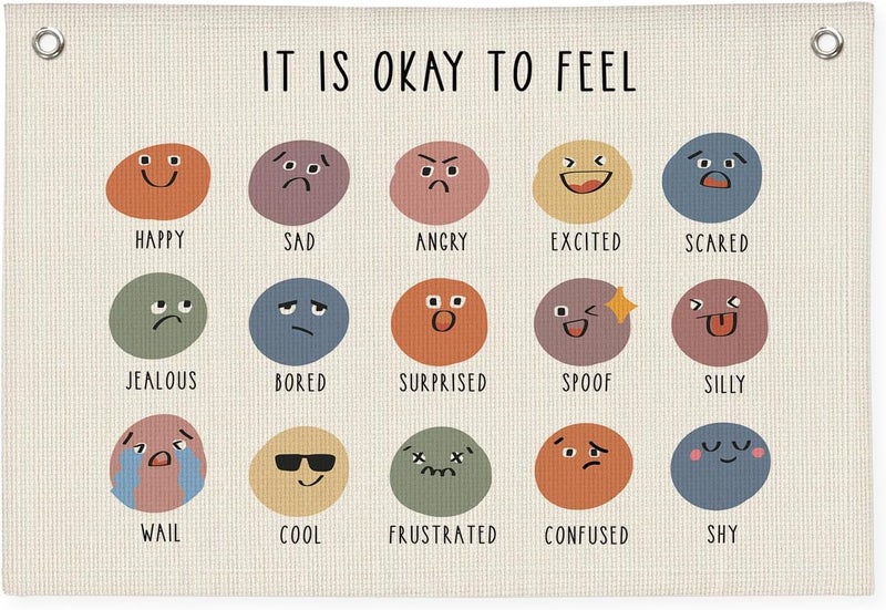 PLKMN It Is Okay To Feel, Mental Health Canvas Banner, Playroom Decor, Neutral Boho Canvas Banner Wall Hanging Flag, Boho Classroom Decor, Teacher Gifts for Classroom - Image 1